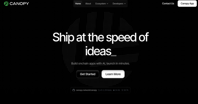 Canopy website homepage with the tagline 'Ship at the speed of ideas' and a subheading promoting onchain app building with AI, featuring 'Get Started' and 'Learn More' buttons.