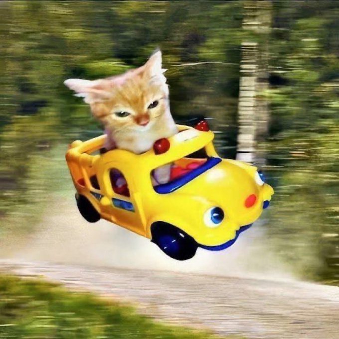A humorous digitally edited image of an orange and white kitten appearing to drive a yellow toy car at high speed through a wooded area, with motion blur in the background.