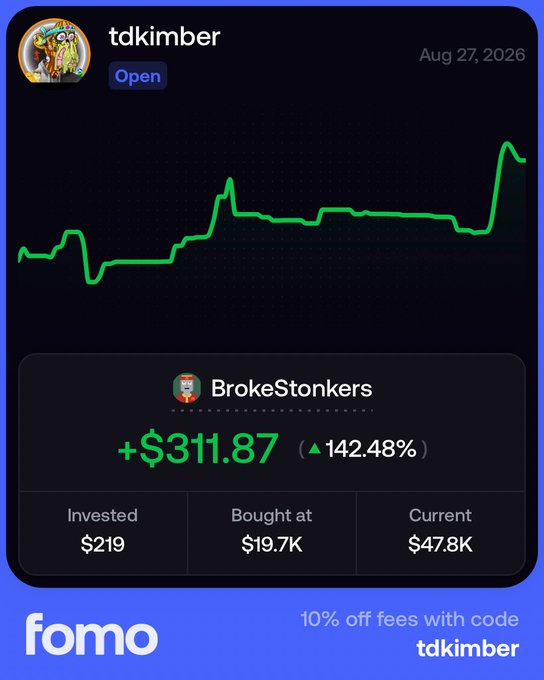 A 'fomo' app trading card for user 'tdkimber' dated Aug 27, 2026 shows a green chart for 'BrokeStonkers' with gains of +$311.87 (▲142.48%), invested $219, bought at $19.7K, current $47.8K. Promo code 'tdkimber' offers 10% off fees.