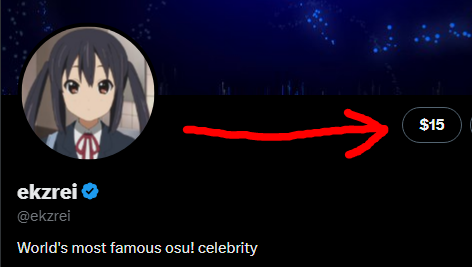 A screenshot of an X (Twitter) profile for verified user 'ekzrei' (@ekzrei), described as the 'World's most famous osu! celebrity', with a red arrow pointing to the '$15' subscription button.