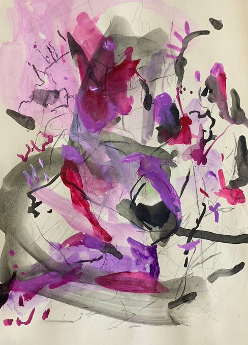 An abstract watercolor and ink painting featuring expressive splashes and brushstrokes in shades of purple, pink, magenta, and black.