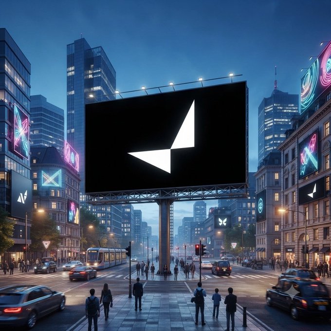 A nighttime cityscape with a large central billboard displaying the X (Twitter) logo, surrounded by other neon signs, cars, pedestrians, and tall buildings.