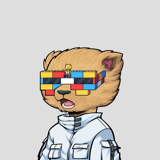 A digital cartoon illustration of a brown bear wearing a light blue jacket and pixelated/blocky 'deal with it' style sunglasses, with a small character resembling Winnie the Pooh standing on top of the glasses.