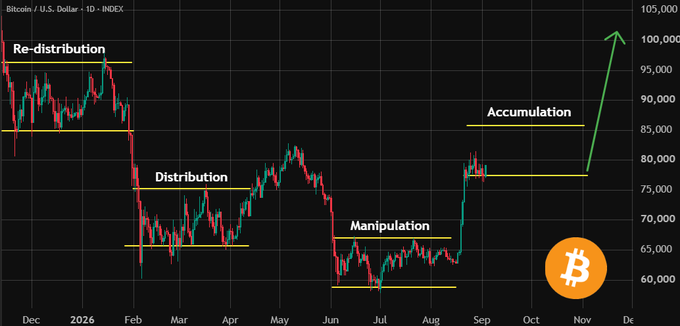 A Bitcoin/U.S. Dollar daily chart illustrates Wyckoff market phases—Re-distribution, Distribution, Manipulation, and Accumulation—projecting a sharp rally toward $100,000 by year-end, aligning with the caption "$100k Bitcoin by year-end was written on the wall."