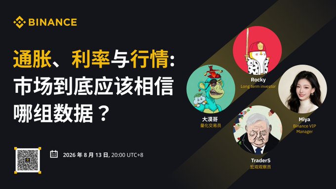 Binance promotional graphic for an AMA titled "通胀、利率与行情：市场到底应该相信哪组数据？" (Inflation, Interest Rates & Market Trends: Which Data Should the Market Trust?), scheduled for August 13, 2026 at 20:00 UTC+8, featuring host Miya (Binance VIP Manager) and guests Rocky (Long-term investor), 大漠哥 (Quant Trader), and TraderS (Macro Observer), with a QR code for subscribing to Binance Square.