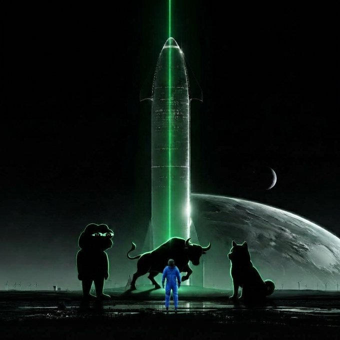 A towering rocket stands illuminated by a vertical green laser beam against a dark, otherworldly sky featuring a crescent moon and a large planet, while a silhouetted dog, bull, cat, and small human figure gather at its base—evoking cryptic omen-like symbols consistent with the post "there will be signs."