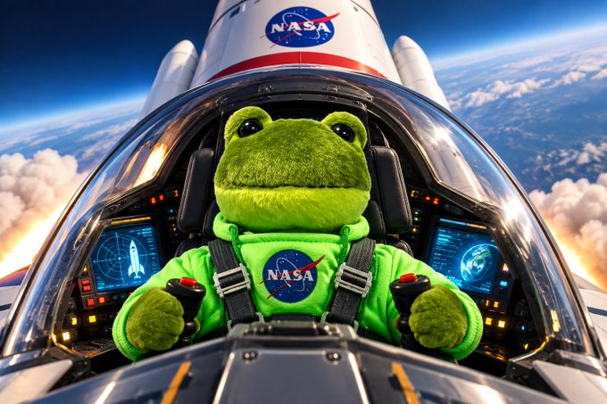 An image of a green frog wearing a NASA spacesuit sitting in the cockpit of a space shuttle, with the NASA logo visible on the rocket and suit, set against a backdrop of Earth from space.