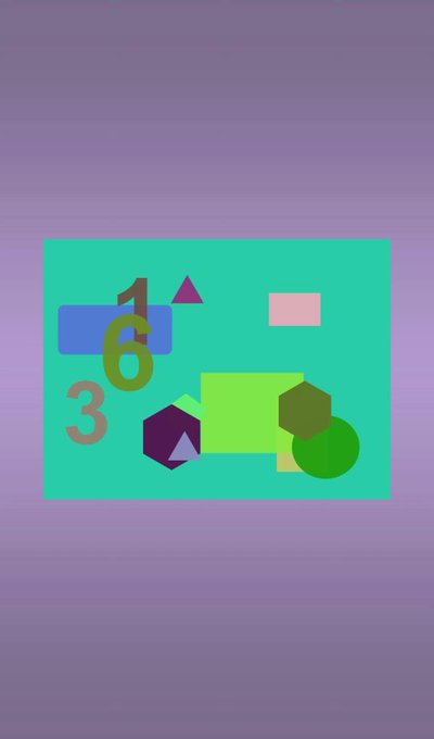 An abstract digital artwork displays a teal rectangular background filled with various colorful geometric shapes including numbers "1", "3", and "6", alongside triangles, circles, rectangles, and a cube.