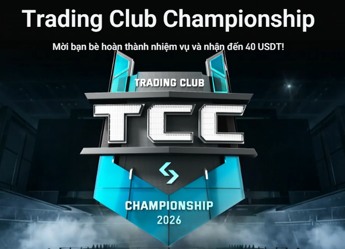 The image is a promotional graphic for Bitget's "Trading Club Championship 2026," featuring a sleek, futuristic shield-shaped logo with "TCC" prominently displayed in bold metallic letters, and includes Vietnamese text inviting friends to complete tasks for rewards up to 40 USDT. The accompanying post provides the event rules, detailing that users can earn $3-$6 per referral and additional rewards up to $40 by opening Mystery Boxes.