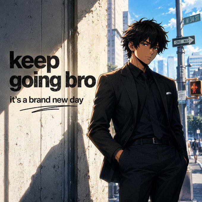 An anime-style young man in a sharp black suit leans confidently against a city street wall, with the motivational text "keep going bro / it's a brand new day" displayed prominently beside him. The image aligns with the post's upbeat Thursday morning greeting, pairing the "brand new day" message with the confident energy of the character to reinforce the bullish $HYPE sentiment.