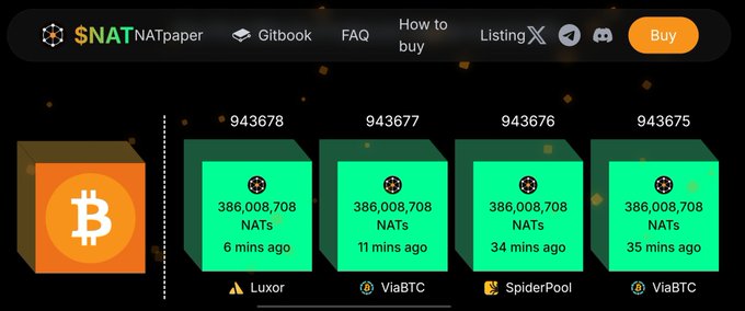 A screenshot of a website showing NATpaper listings for Bitcoin mining blocks 943675-943678, each showing 386,008,708 NATs, with mining services including Luxor, ViaBTC, SpiderPool, and ViaBTC.