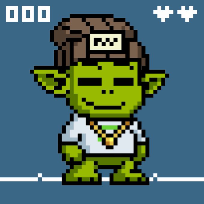 A pixel art illustration of a green goblin-like creature with pointed ears, wearing a brown beanie and a gold chain necklace, standing against a solid blue background.