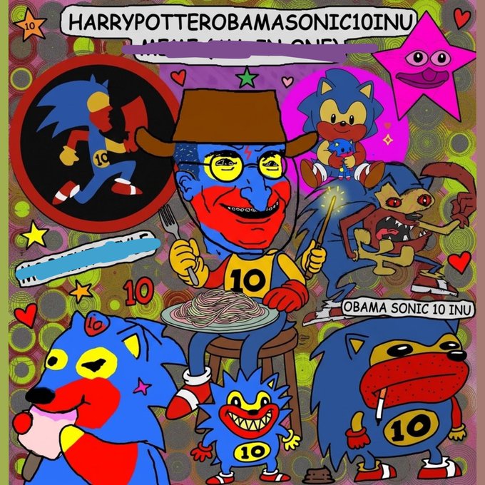 A chaotic, psychedelic digital illustration titled 'HARRYPOTTEROBAMASONIC10INU' featuring numerous cartoon characters combining elements of Sonic the Hedgehog and Barack Obama alongside stars, hearts, and the number 10.