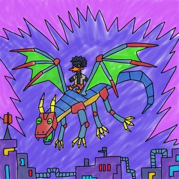 A cartoon character rides a colorful blue and red dragon flying over a stylized cityscape with purple energy radiating behind them. The vibrant illustration ties into the post's celebratory message about "Alpha Owen" content collaborations, with the dynamic dragon imagery symbolizing soaring momentum and continuing creative momentum for future projects.