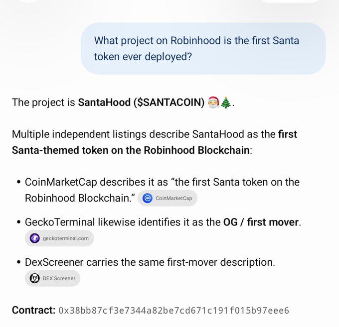 A Q&A chat screenshot asking 'What project on Robinhood is the first Santa token ever deployed?', with the answer stating it is 'SantaHood ($SANTACOIN)' cited by CoinMarketCap, GeckoTerminal, and DexScreener, along with contract address 0x38bb87cf3e7344a82be7cd671c191f015b97eee6.