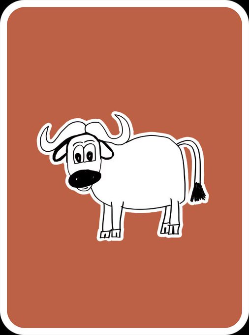 A simple cartoon illustration of a white wildebeest or ox-like animal with a black snout, horns, and a tufted tail, set against a solid terracotta-colored background with rounded corners.