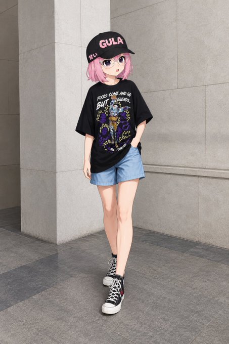 An anime-style illustration of a pink-haired character wearing a black 'GULA' cap, a black graphic t-shirt, denim shorts, and black and white sneakers standing against a gray tiled wall.