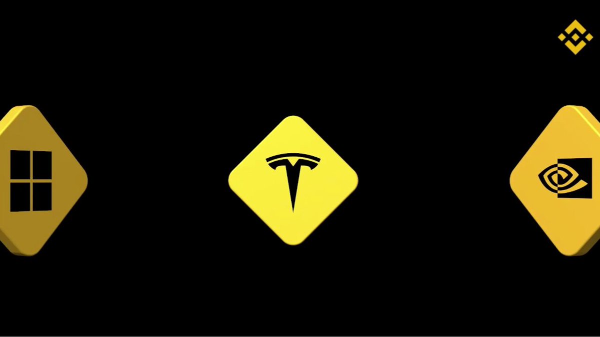 The image features a black background with three yellow squares arranged vertically against each other. The first square has a T-shaped logo, the second one displays a lightning bolt symbol, and the third one shows an E-signature icon. These symbols are related to Bitcoin and its associated companies. The post mentions that Binance is bringing US stocks and ETFs onchain, which implies they will be offering these financial instruments directly to users outside of the United States.