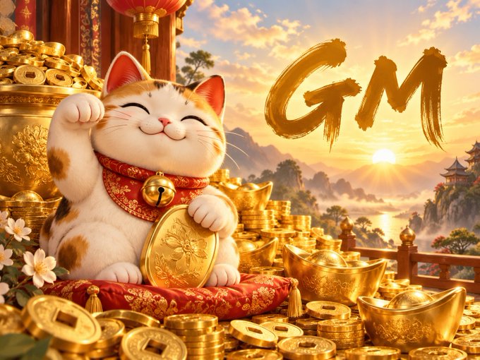 A digital illustration of a smiling maneki-neko (lucky cat) sitting among piles of gold coins and ingots, with the gold text 'GM' (Good Morning) displayed against a sunrise backdrop featuring mountains and a pagoda.