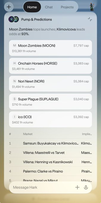 A mobile app screen titled "Pump & Predictions" showing "Moon Zombies tops launches: Klimovicova leads odds at 93%" with a list of tokens including Moon Zombies (MOON), Onchain Horses (HORSE), Nori Newt (NORI), Super Plague (SUPLAGUE), and ico (ICO) with their market caps and volumes.