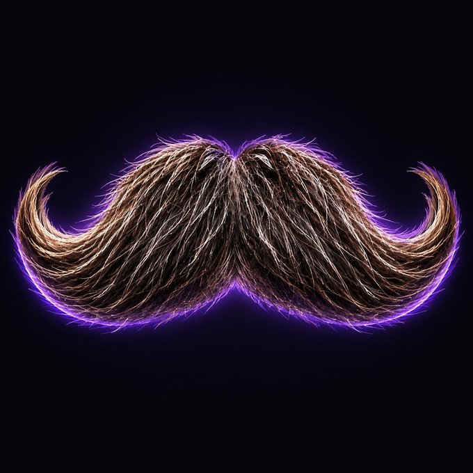 A digital illustration of a thick, brown handlebar mustache glowing with a purple neon outline against a dark background.