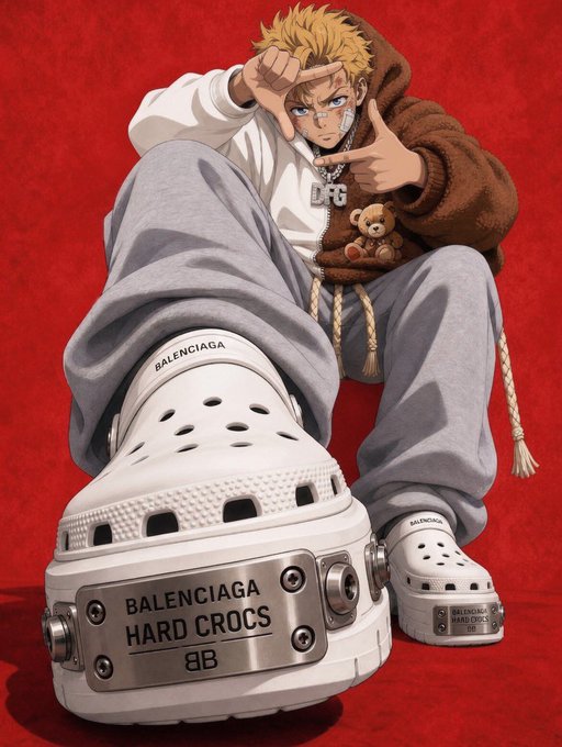 An anime-style character poses against a red background, showcasing oversized white platform "BALENCIAGA HARD CROCS 8B" sneakers while holding a small teddy bear, capturing a playful morning flex aesthetic that matches the caption's "late gm gang, just woke up" vibe.