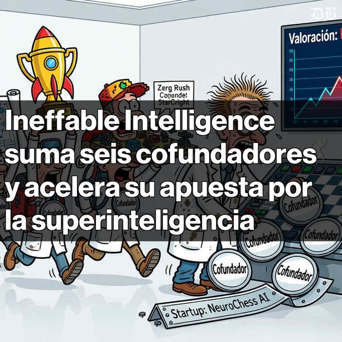A cartoon illustration depicts a startup team at 'Startup: NeuroChess AI' with character labels including 'Zerg Rush Cooende! StarCright' and 'Cofundador,' featuring chaotic characters, a rocket trophy, and Spanish overlay text reading 'Ineffable Intelligence suma seis cofundadores y acelera su apuesta por la superinteligencia.'