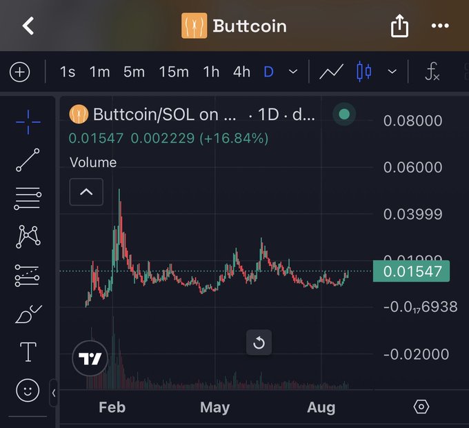 A TradingView chart for the $BUTTCOIN/SOL memecoin on Pump.fun shows a 16.84% gain over the daily timeframe, trading at 0.01547 SOL. The image humorously illustrates the poster's point about overthinking investments in a jokey cryptocurrency, suggesting that even absurd memecoins can show real chart movements and gains.