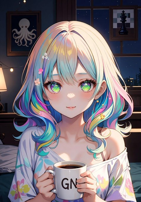 An anime-style girl with rainbow-tinted hair and vibrant green eyes sips from a mug labeled "GN" (Good Night), with cozy bedroom decor including an octopus painting and chess piece framed in the background. The image's "GN" text and peaceful bedtime scene reinforce the post's "Good Night" greeting while complementing its message about Beldex (BDX), a privacy-focused cryptocurrency project.