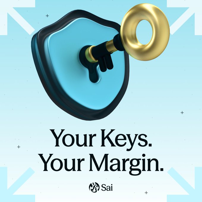 An advertisement graphic featuring a golden key emerging from a blue liquid puddle on a shield-shaped icon, with the tagline "Your Keys. Your Margin." and the "Sai" logo below.