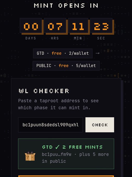 A 'MINT OPENS IN' countdown timer showing 00 days, 07 hours, 11 minutes, 23 seconds, with sections for 'GTD · free · 2/wallet' and 'PUBLIC · free · 5/wallet', along with a 'WL CHECKER' input box containing the address 'bc1puun8dedsL909qxhl'.