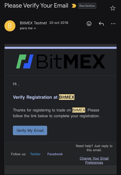 A screenshot of a 2018 email from BitMEX Testnet titled "Please Verify Your Email," showing the original registration verification message sent to the user. This nostalgic image reflects on BitMEX's history as a pioneering (if risky) crypto exchange, contextualizing the author's bittersweet farewell as the platform ceases operations.