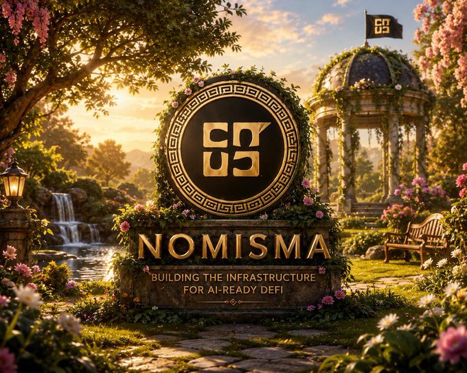 The image features an ornate circular golden emblem with "NU" lettering and a Greek key border, set in a lush garden with a gazebo, waterfall, and flowers, displaying "NOMISMA — BUILDING THE INFRASTRUCTURE FOR AI-READY DEFI" beneath it. The classical architecture and "NU" logo visually reinforce the post's theme of Nomisma Network's sophisticated, foundational approach to AI-ready DeFi infrastructure.