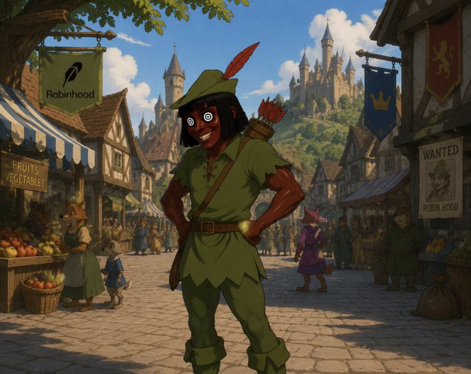 A Disney-style illustration shows a character dressed as Robin Hood standing in a medieval marketplace with a castle in the background. Banners for "Robinhood" and a "WANTED" poster are visible, along with fruits and vegetables stalls and various townspeople.