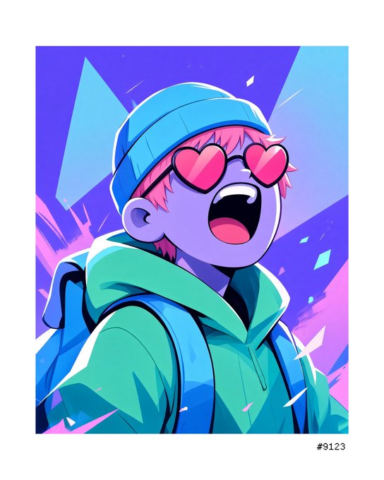 A vibrant cartoon-style digital illustration (#9123) featuring a character with pink hair, heart-shaped sunglasses, a blue beanie, and a teal hoodie, laughing joyfully against a purple and blue geometric background.