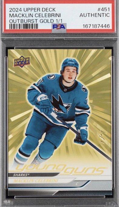 A graded 2024 Upper Deck Young Guns Macklin Celebrini 'Outburst Gold 1/1' hockey card (PSA #451) with an authentication number of 167187446.