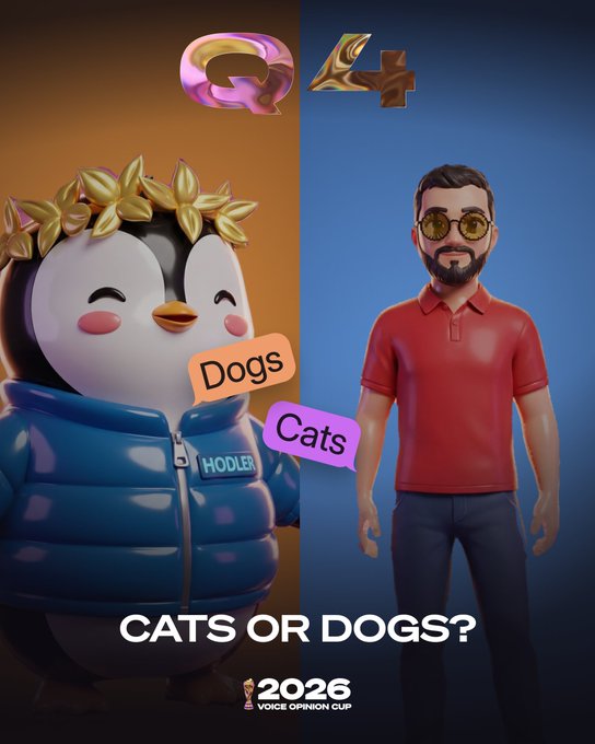 The image is a split-screen promotional graphic for the "2026 Voice Opinion Cup," featuring a cartoon penguin mascot wearing a floral crown and blue puffer jacket (labeled "HODLER") on an orange background under a "Q4" logo, opposed to a bearded man in sunglasses and a red polo shirt under a "L4" logo on a blue background, with "Dogs" and "Cats" labels floating between them and "CATS OR DOGS?" displayed at the bottom. It visualizes the playful pets debate between users @edoweb3 and @jgonzalezferrer referenced in the post.