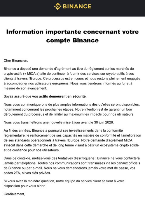 The email contains a message from a person named "Binance France" that has been translated into French, stating that they have received an email regarding the European approval of Bitcoin. The email also mentions that the European authorities are currently reviewing the crypto sector's acceptance in Europe and that the cryptocurrency exchange should close on July 1st to comply with the regulations.