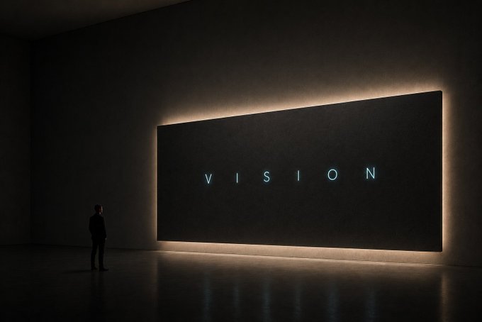 A minimalist dark room with a silhouetted person standing before a large glowing rectangular display that reads 'VISION' in blue letters.