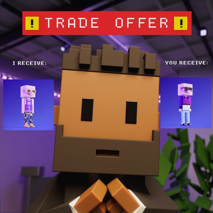 A 3D animated Minecraft-style trade offer screen displaying a blocky character with a neutral expression, offering a Minecraft skin (left) in exchange for another skin (right) under a '! TRADE OFFER !' banner.