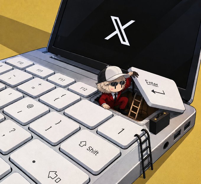 A digital illustration of a small character in a suit and cap climbing out of a laptop keyboard to press the Enter key, with an 'X' logo on the screen.