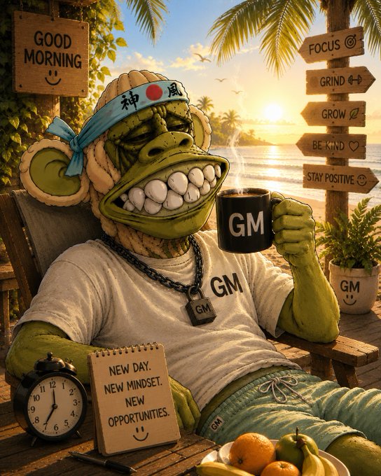 A digital illustration of a cartoonish green-skinned ape character wearing a 'GM' headband and shirt, holding a 'GM' coffee mug, with a notepad reading 'NEW DAY, NEW MINDSET, NEW OPPORTUNITIES' and signs displaying 'GOOD MORNING' and motivational words like 'FOCUS', 'GRIND', 'GROW', 'BE KIND', and 'STAY POSITIVE'.