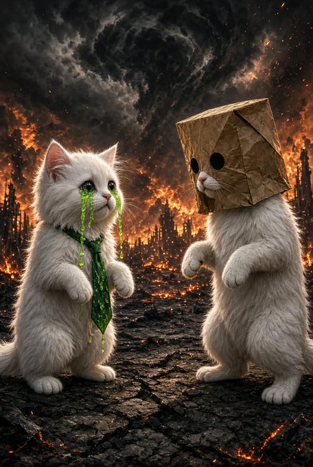 A dark, apocalyptic digital illustration showing two fluffy white cats standing on cracked, lava-filled ground; one cat wears a green tie and has green liquid dripping from its eyes, while the other wears a brown paper bag over its head.
