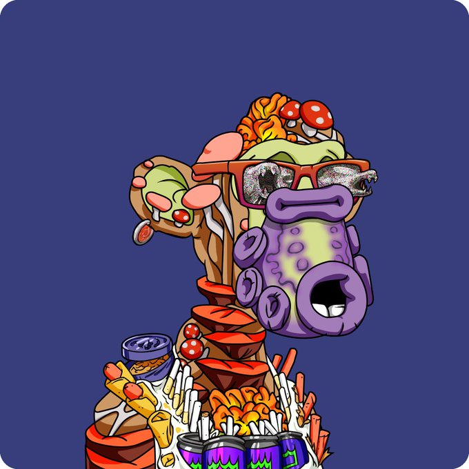 A cartoon illustration of a mutant character wearing red sunglasses, composed entirely of stacked junk food items like pizza, burgers, mushrooms, fries, and soda cans against a blue background. The image relates to the post by visually representing the Bored Ape Yacht Club (BAYC) "Mutant" NFT referenced in the caption, which discusses the high 15.43 ETH sale price of such a mutant NFT compared to newer ape entries.