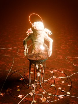 An artistic, dark-toned image of a small humanoid figure with a halo, holding a glass sphere on a stand, sitting on a stool with wires and flowers arranged in a circular pattern on the floor below.