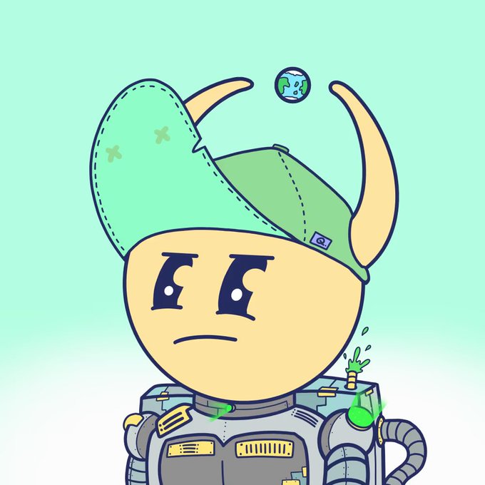 A cartoon character in a gray spacesuit wears a green Viking-style horned helmet with a small Earth floating above, against a mint green background.