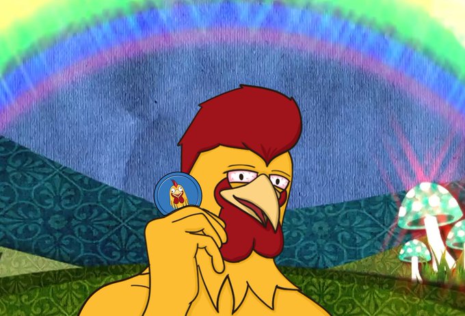 An animated character with red hair and beard holds up a coin featuring another character, with a rainbow and mushrooms in the background.