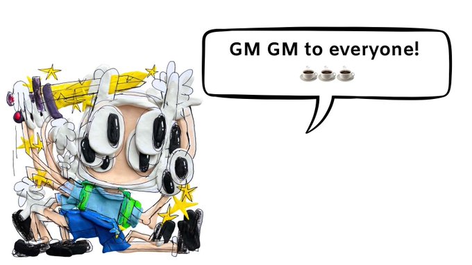 A cartoon doodle character with multiple large eyes and limbs is saying 'GM GM to everyone!' in a message bubble accompanied by three coffee cup emojis.