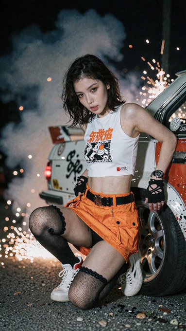 A young woman kneels in front of a race car with fireworks and smoke in the background, wearing a white crop top with orange text, an orange skirt, fishnet stockings, and sneakers.