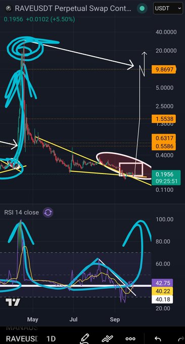 A TradingView chart for RAVEUSDT Perpetual Swap Contract showing the price at 0.1956 (+5.50%), with blue hand-drawn annotations highlighting trends, support levels, and RSI 14 close patterns.